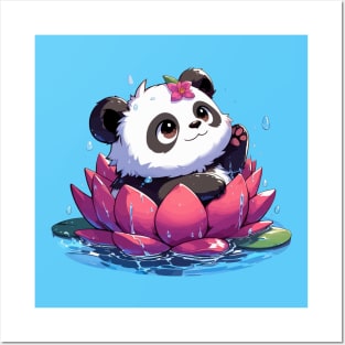 Cute Anime Panda Bear Bath With Water Lily Posters and Art